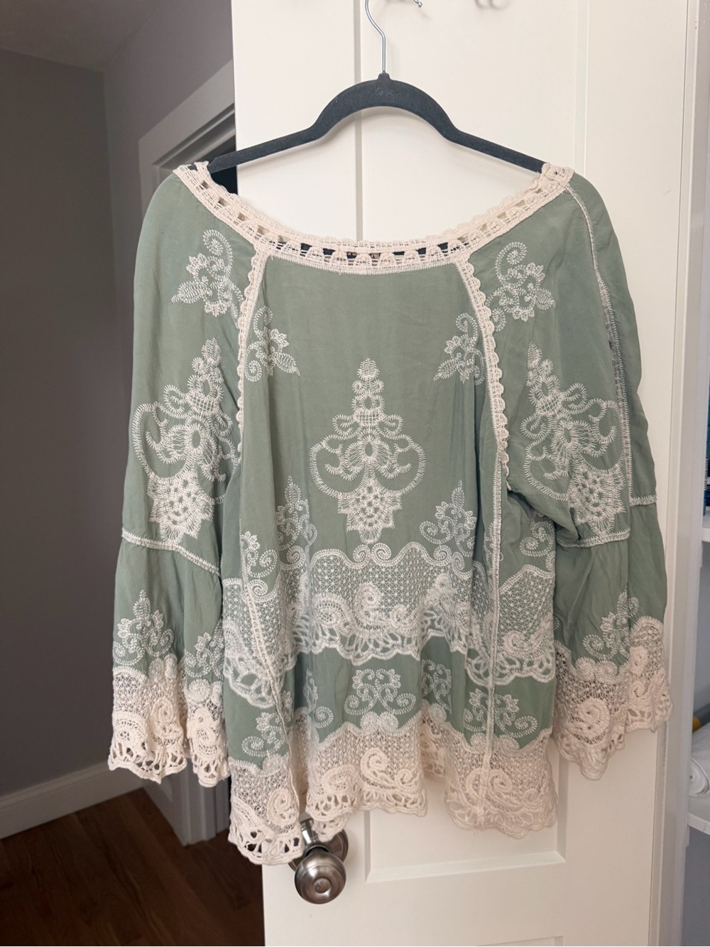 Democracy Sage Green Tunic with Cream Lace Trim